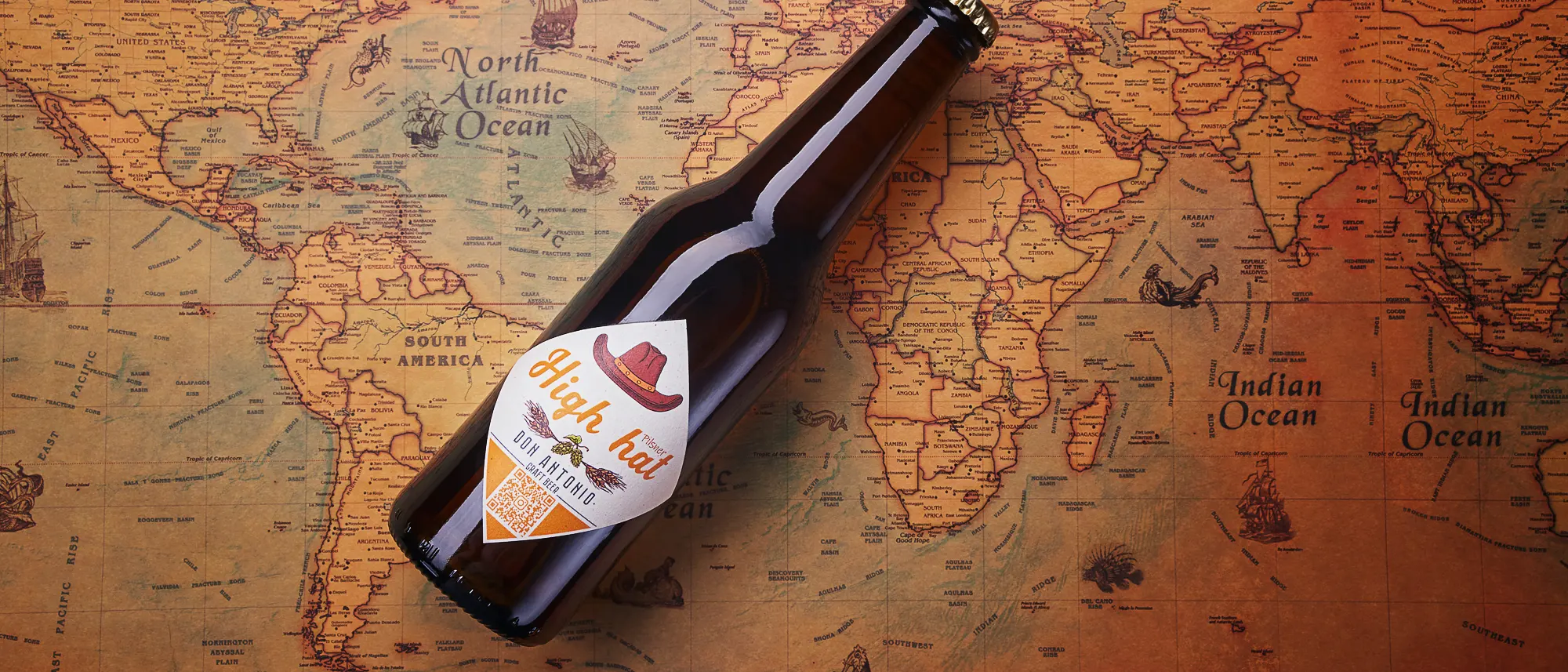 High Hat Don Antonio craft beer on vintage world map