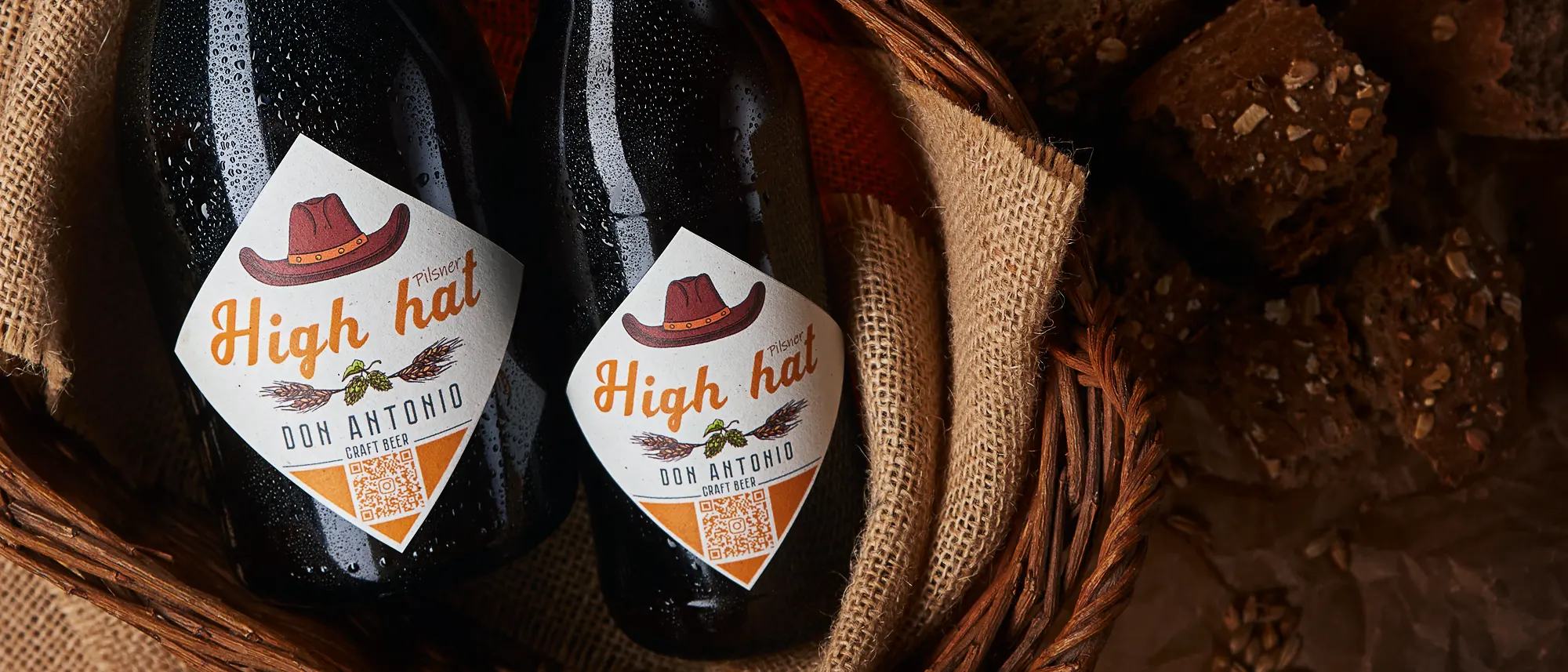 High Hat Don Antonio craft beer bottles with rustic styling